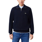 Navy blue lacoste men cotton half-zip sweater with green crocodile logo on the chest for casual wear