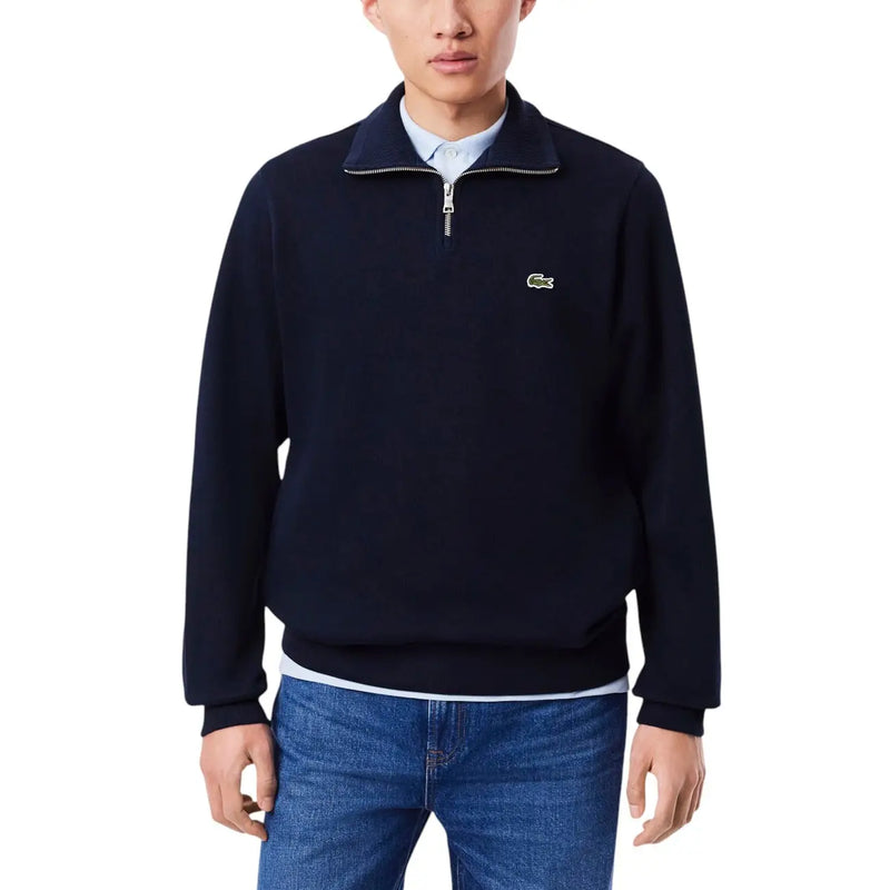 Navy blue lacoste men cotton half-zip sweater with green crocodile logo on the chest for casual wear