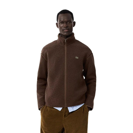 Brown textured fleece jacket with small embroidered logo on left chest for lacoste men cotton blazer black classic style