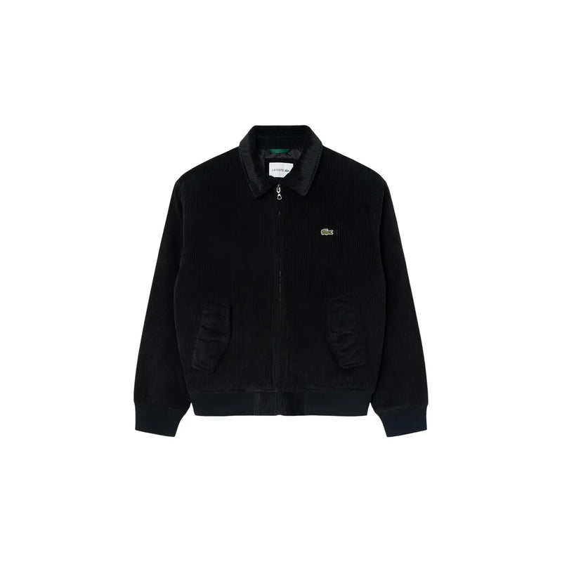 Lacoste Herren-Baumwollblazer, schwarze Cord-Bomberjacke mit dezentem grünem Krokodillogo auf der linken Brust und farblich passenden Besätzen
