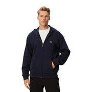 Lacoste men cotton navy blue zip-up hoodie with small embroidered crocodile logo on left chest