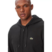 Lacoste men cotton hoodie black with a front zip and green crocodile logo on the chest