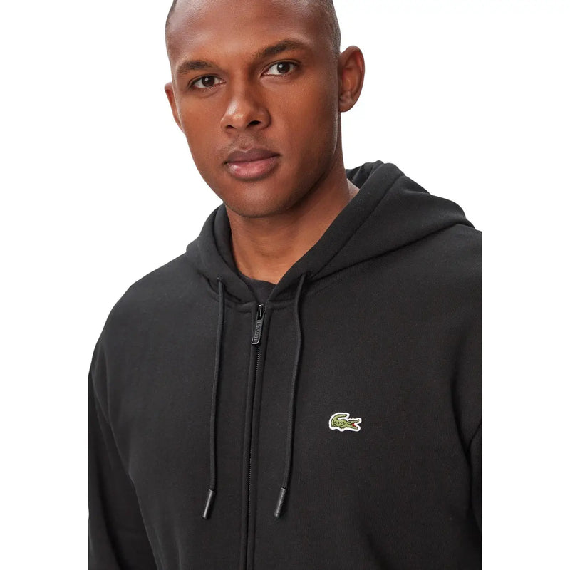 Lacoste men cotton hoodie black with a front zip and green crocodile logo on the chest
