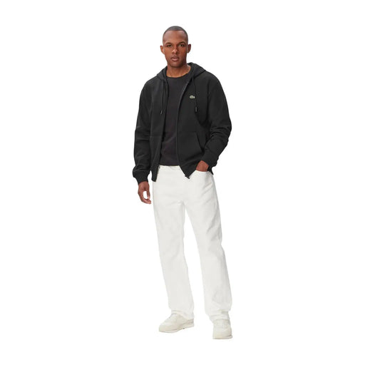 Schwarzer Lacoste Herren-Baumwollhoodie mit Reißverschluss vorne und dezentem grünem Krokodillogo auf der Brust.