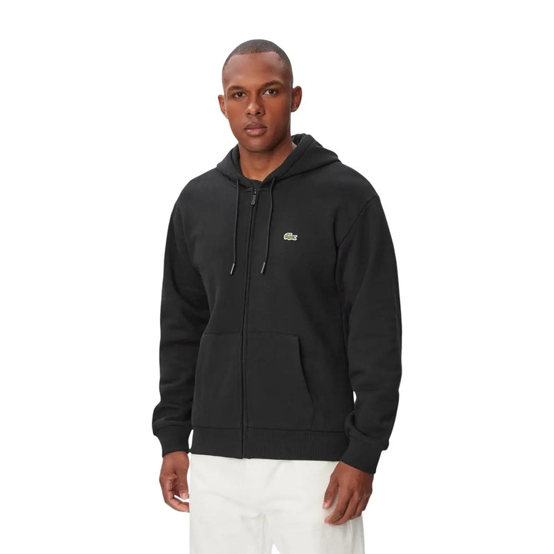 Black Lacoste men cotton zip-up hoodie with small green crocodile logo on left chest for casual wear