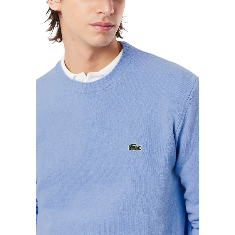 Lacoste men knitwear light blue round neck wool sweater with small green crocodile logo on left chest