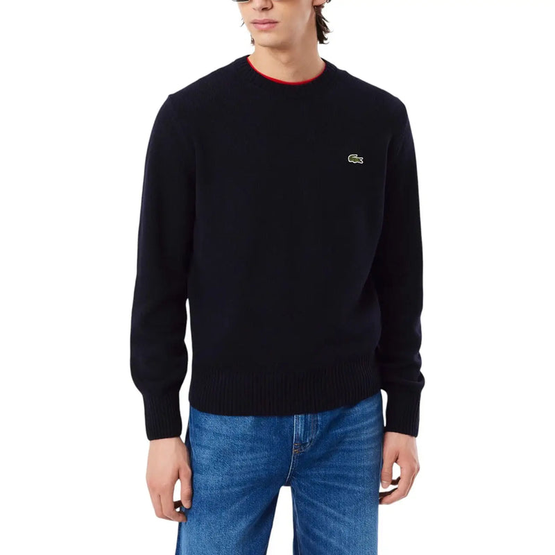 Black Lacoste crewneck sweater with red ribbed collar and green crocodile logo on left chest for men knitwear