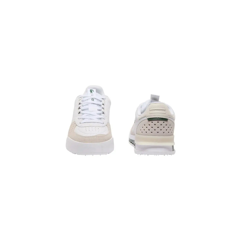 Lacoste Herren-Sneaker aus Leder, Modell Slam Break, in Weiß und Beige mit Perforationen und grünem Logo-Akzent.