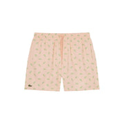 Lacoste Herren-Badeshorts aus Polyester mit rosa Print, pastellrosa Farbe und hellgrünem elastischem Bund mit Krokodilmuster
