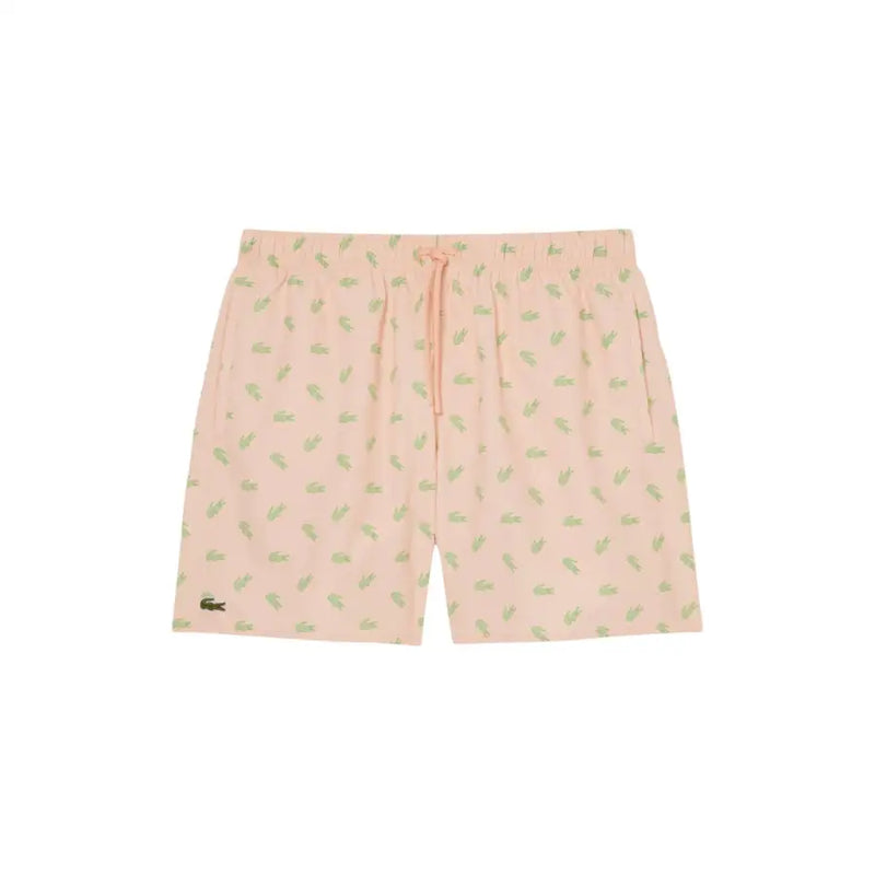 Lacoste Herren-Badeshorts aus Polyester mit rosa Print, pastellrosa Farbe und hellgrünem elastischem Bund mit Krokodilmuster