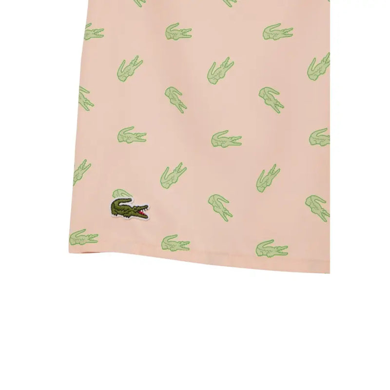 Lacoste Herren-Badeshorts aus pinkfarbenem Polyester mit Print, hellgrünem Krokodilmuster und dunkelgrünem Logo
