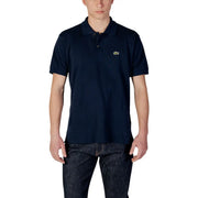 Navy blue Lacoste men polo shirt with small green crocodile logo made of cotton short sleeve fabric