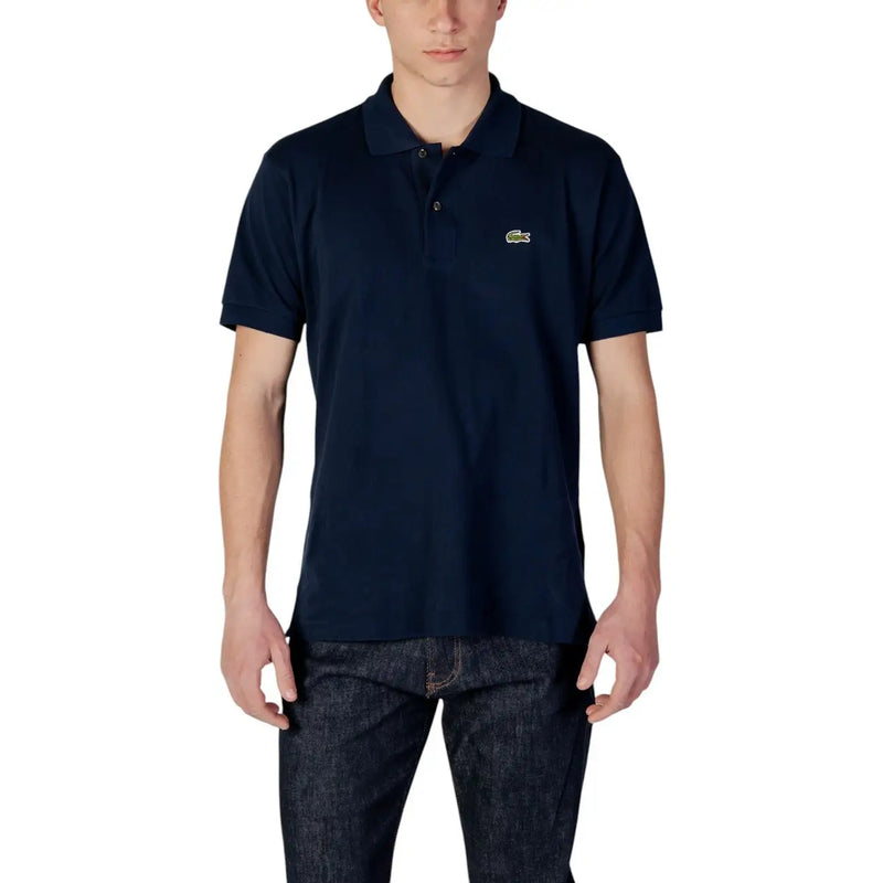 Navy blue Lacoste men polo shirt with small green crocodile logo made of cotton short sleeve fabric