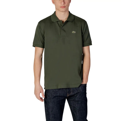 Olive green Lacoste men polo short sleeve shirt in 100% cotton with subtle texture and embroidered crocodile logo
