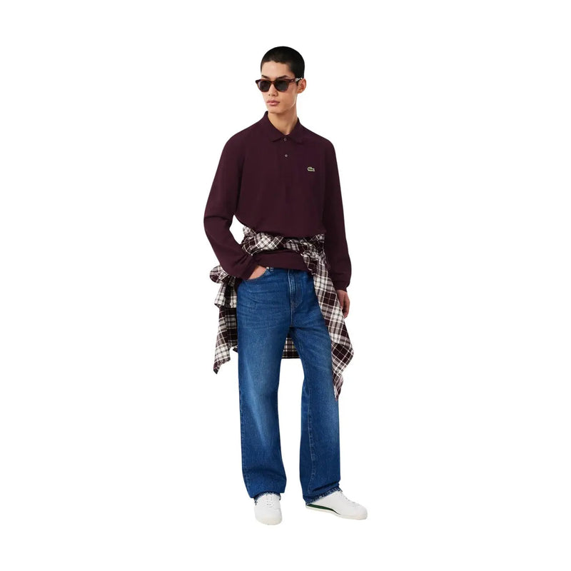 Maroon long-sleeved Lacoste polo shirt with embroidered crocodile logo made of cotton, ideal for men
