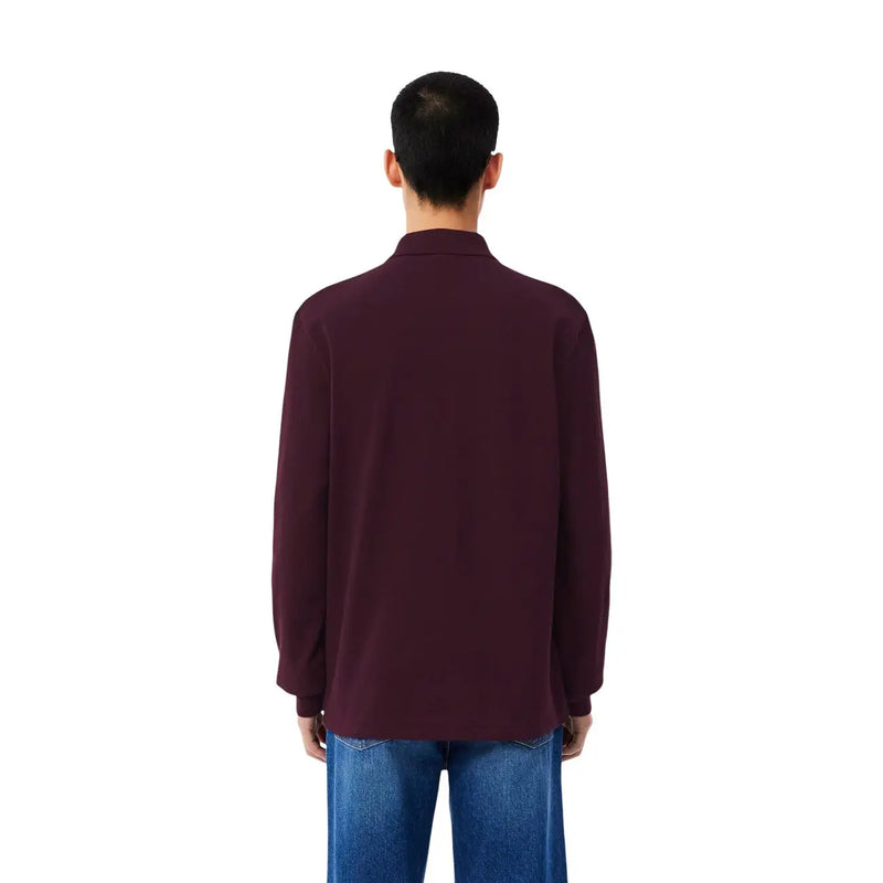 Lacoste men purple cotton long-sleeved polo shirt with classic collar and smooth solid fabric
