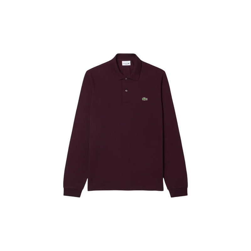 Lacoste men purple cotton t shirt maroon long sleeved polo with classic collar and green crocodile logo on chest