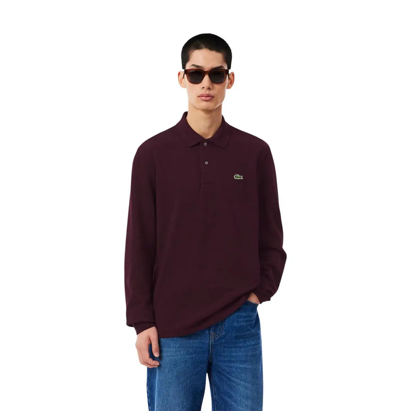 Maroon long-sleeved cotton polo shirt for men with embroidered Lacoste crocodile logo on left chest