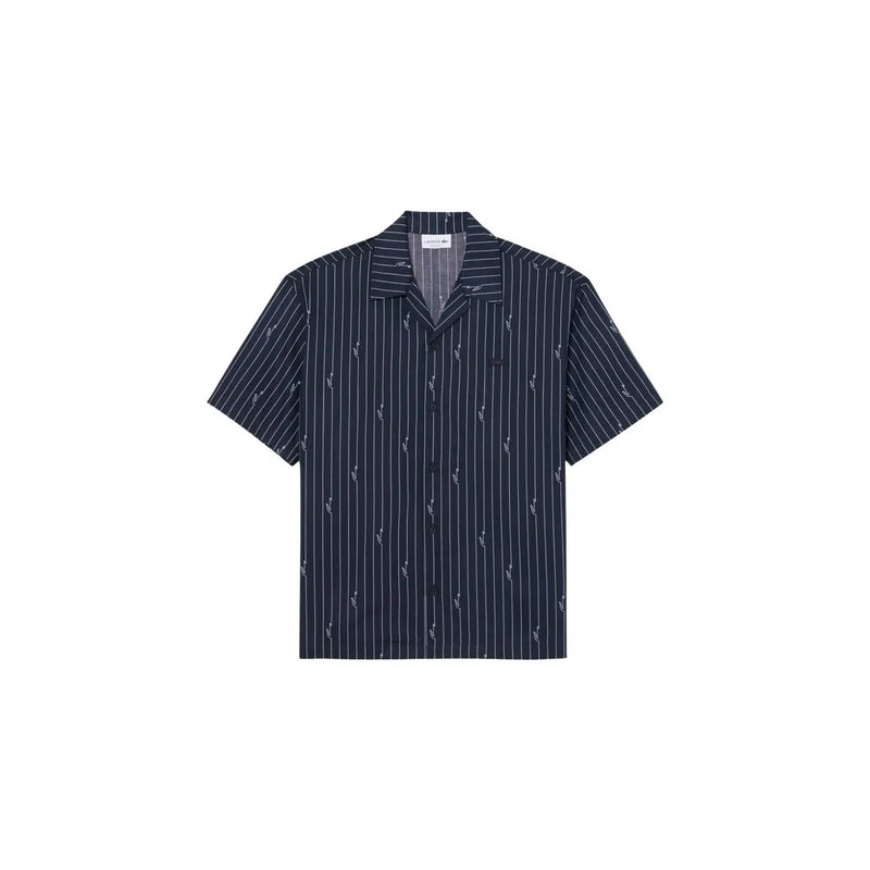 Lacoste men shirt dark navy short-sleeved button-up with thin white vertical stripes and subtle repeating pattern
