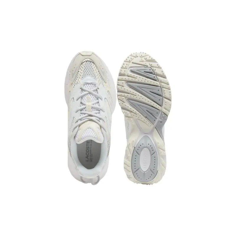 Cream-colored Lacoste men sneaker with mesh and synthetic overlays and gray rubber sole in polyester polyurethane