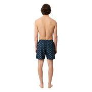 Dark blue Lacoste men swimwear trunks with subtle light green palm tree pattern designed for swimming