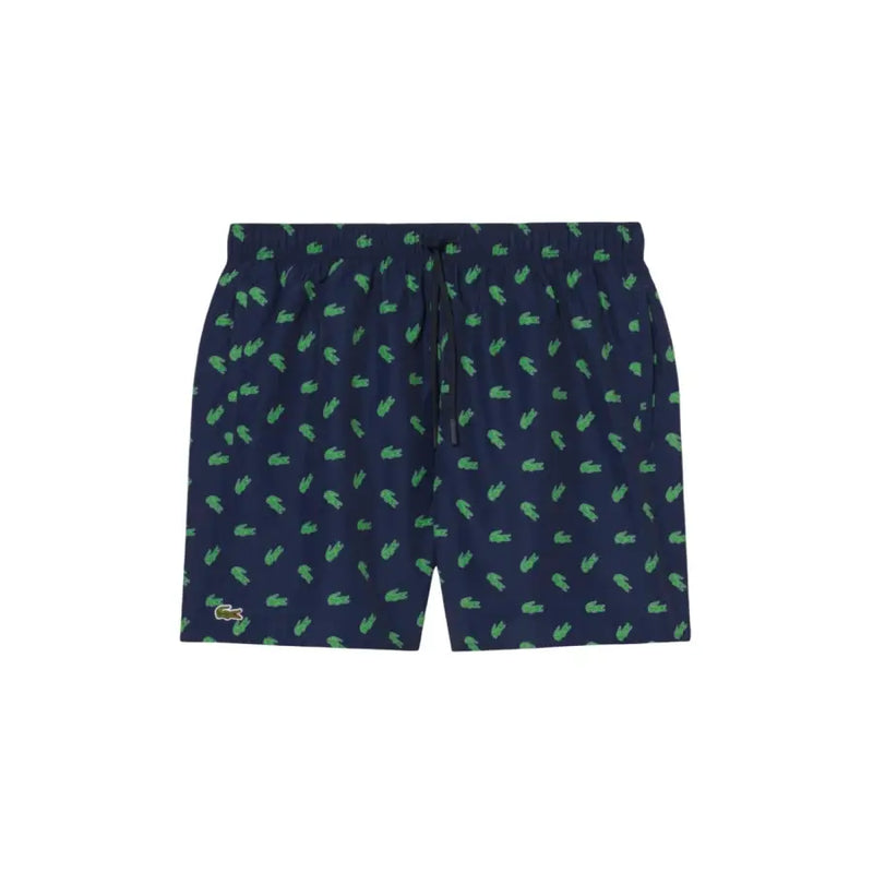 Dark blue Lacoste men swimwear swim trunks with repeating small green crocodile logos pattern
