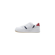 Lacoste men white leather sneakers with navy blue and red accents for spring style wear