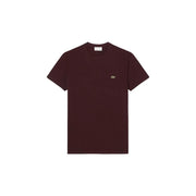 A dark burgundy Lacoste mens short-sleeve cotton t shirt with a small embroidered crocodile logo on the left chest