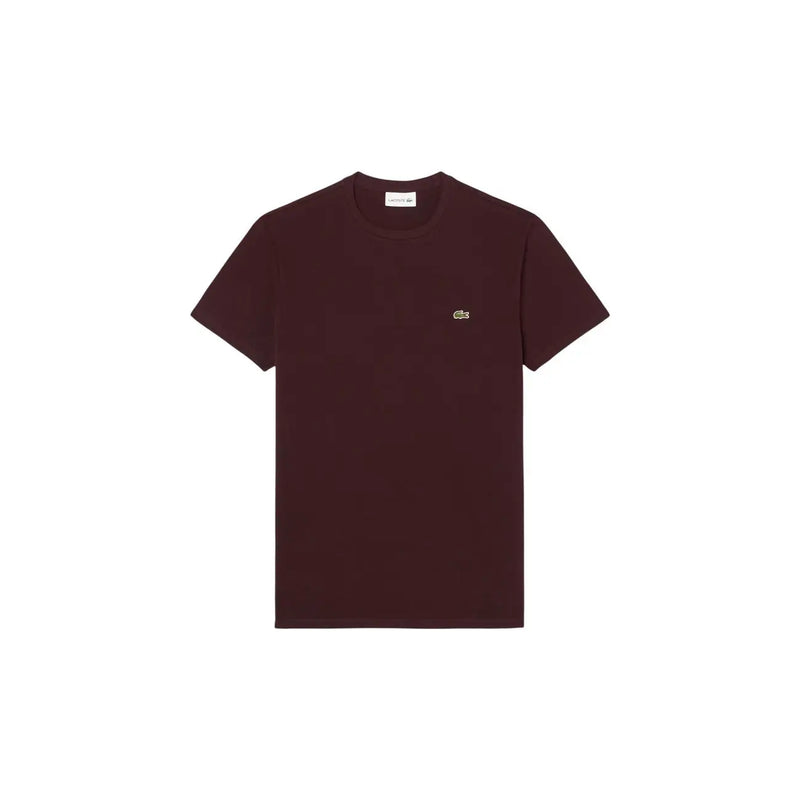 A dark burgundy Lacoste mens short-sleeve cotton t shirt with a small embroidered crocodile logo on the left chest