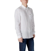 Lacoste men’s white linen button-down shirt with subtle textured weave and black crocodile logo on left chest pocket