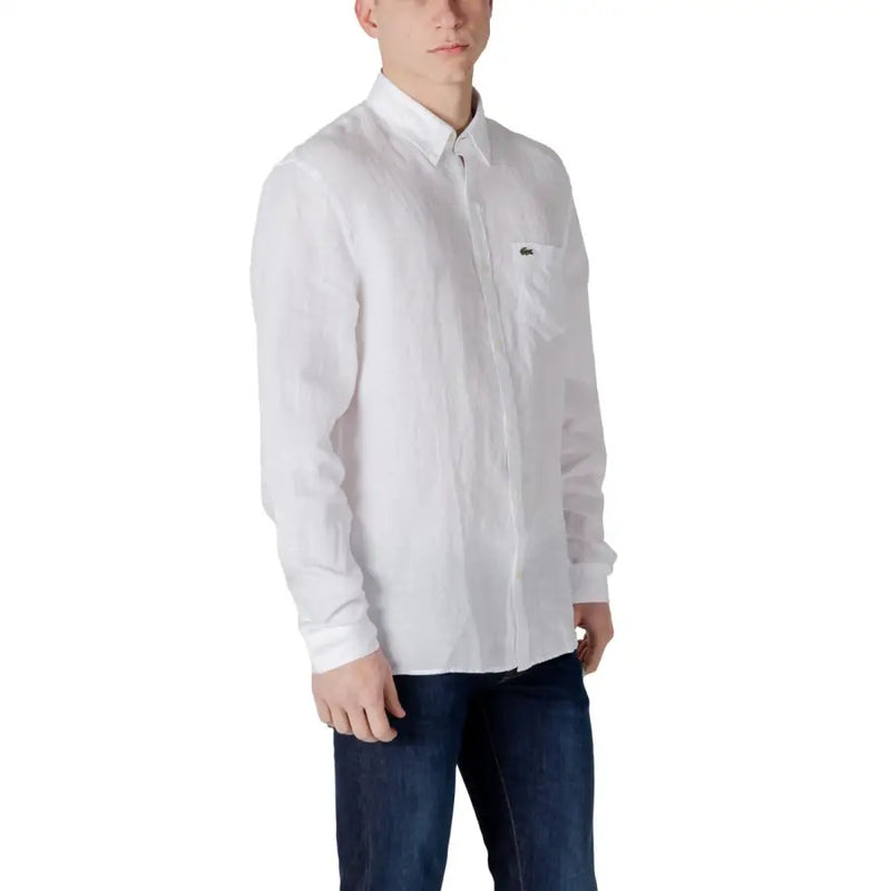 Lacoste men’s white linen button-down shirt with subtle textured weave and black crocodile logo on left chest pocket