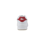 Lacoste white leather men’s sneakers with red heel tab, black side accents, and the iconic crocodile logo