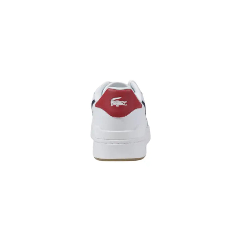 Lacoste white leather men’s sneakers with red heel tab, black side accents, and the iconic crocodile logo