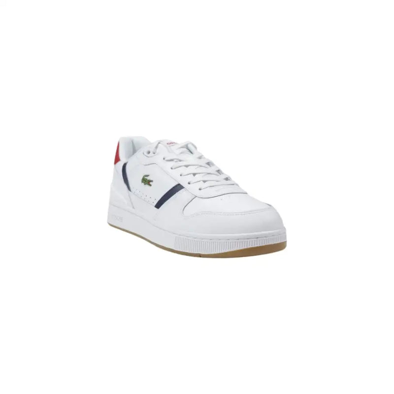 Lacoste white leather men’s sneakers with navy and red accents featuring a classic crocodile logo on the side