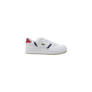White leather lacoste men’s sneakers with red and blue accents and classic crocodile logo on the side