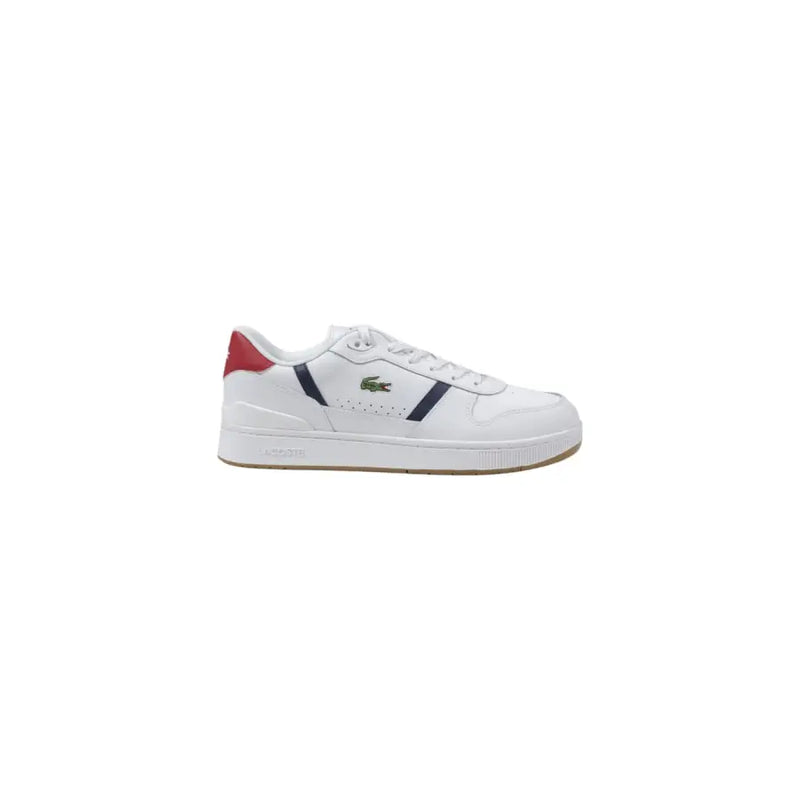 White leather lacoste men’s sneakers with red and blue accents and classic crocodile logo on the side