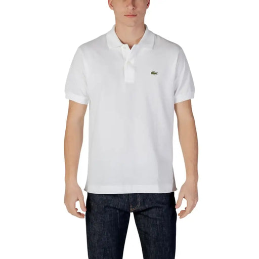 Lacoste white short sleeve polo shirt featuring a green crocodile logo on the left chest in cotton material