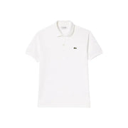 Lacoste white short sleeve polo shirt featuring a green crocodile logo on the chest and branded collar label