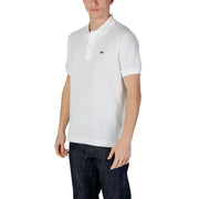 Lacoste white short sleeve polo shirt made of breathable fabric with green crocodile logo on the chest