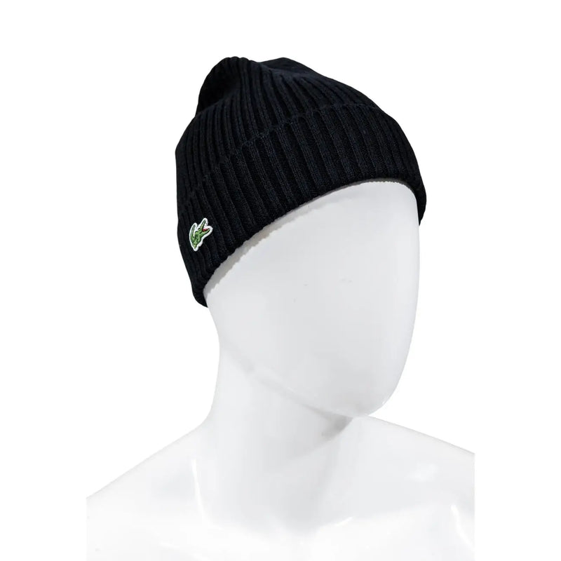 Lacoste wool cap for men in black ribbed knit with green crocodile logo side detail, front view
