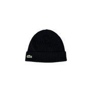 Lacoste wool cap for men in black with folded cuff and green crocodile logo, side view