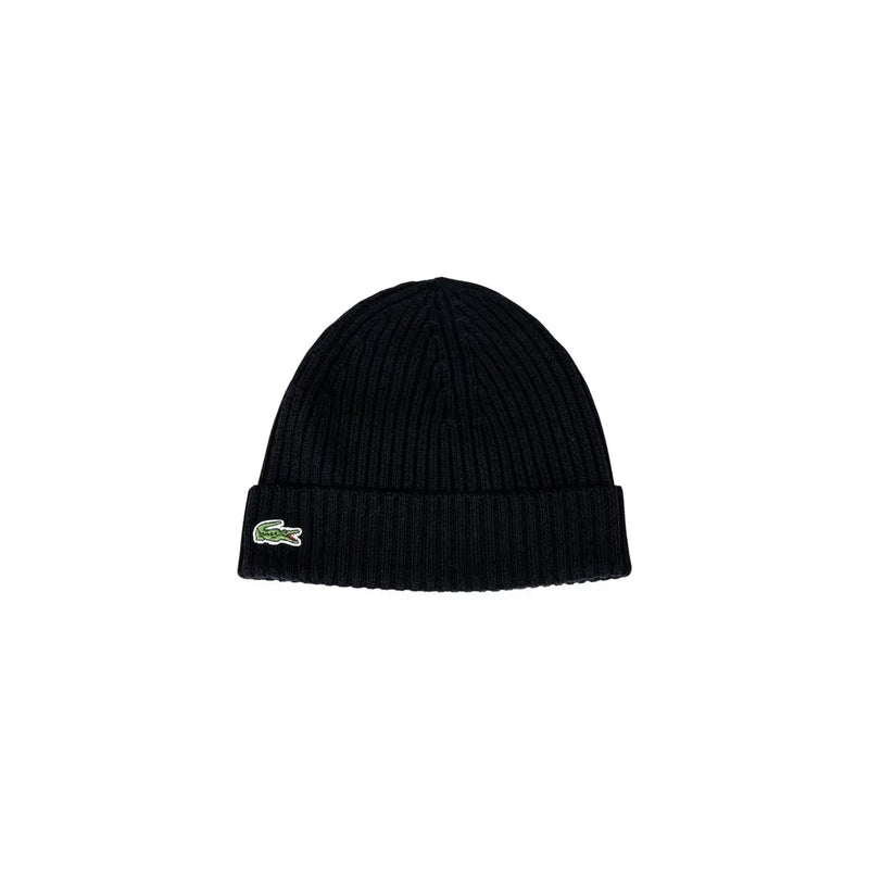 Lacoste wool cap for men in black with folded cuff and green crocodile logo, side view
