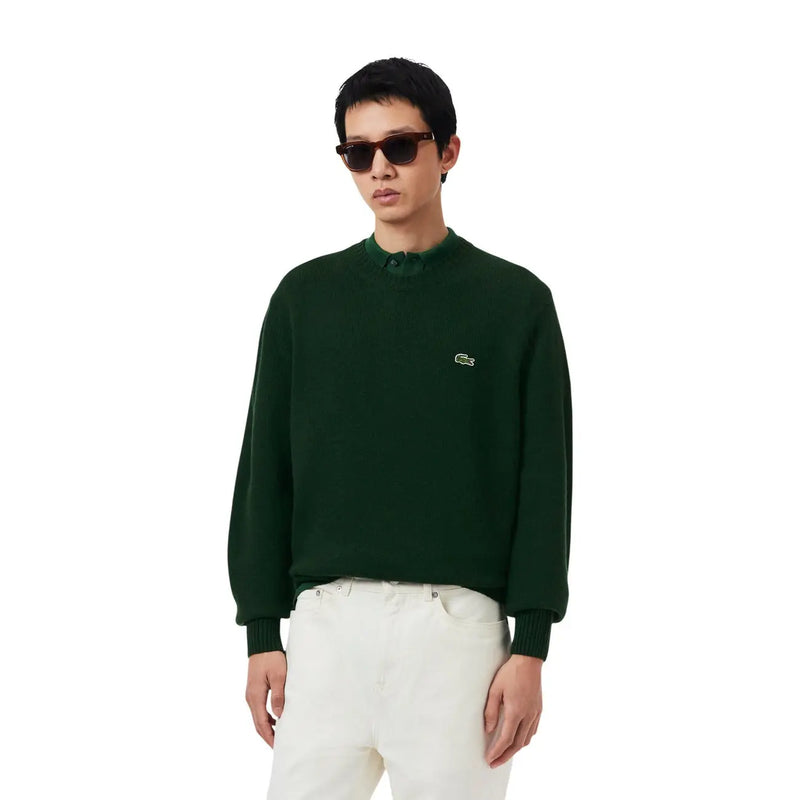 Lacoste Wollpullover für Herren in Dunkelgrün mit gesticktem Krokodillogo auf der linken Brust, Vorderansicht