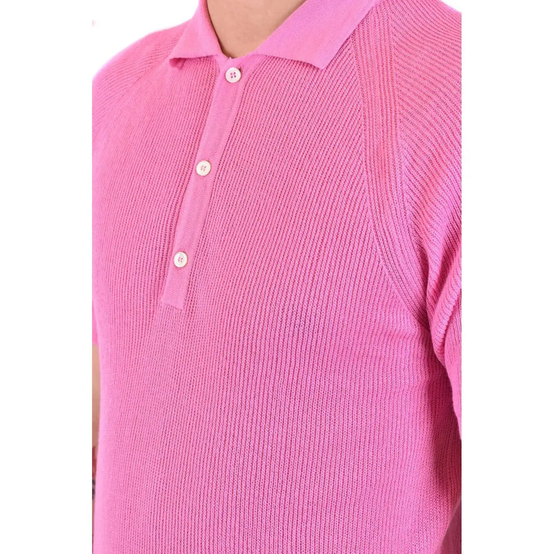 Laneus Baumwollpolohemd für Damen in leuchtendem Pink mit Rippstrickstruktur und weißen Knöpfen, Vorderansicht