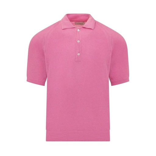 Laneus Baumwollpolo für Herren in leuchtendem Pink mit gerippter Strickstruktur und weißen Knöpfen, Vorderansicht