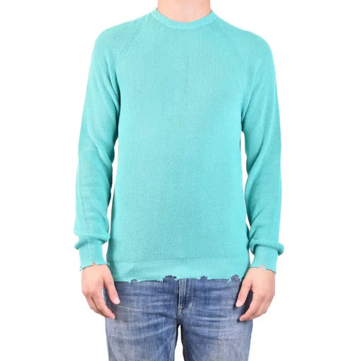 Laneus men knitwear green cotton ribbed sweater with raglan sleeves and slightly frayed hem in teal color