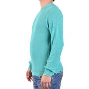 Laneus men knitwear green long round neck cotton sweater with teal ribbed knit fabric and frayed cuffs and hem
