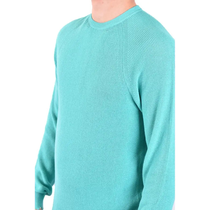 Laneus men knitwear green long round neck cotton teal ribbed knit sweater with crew neck and long sleeves