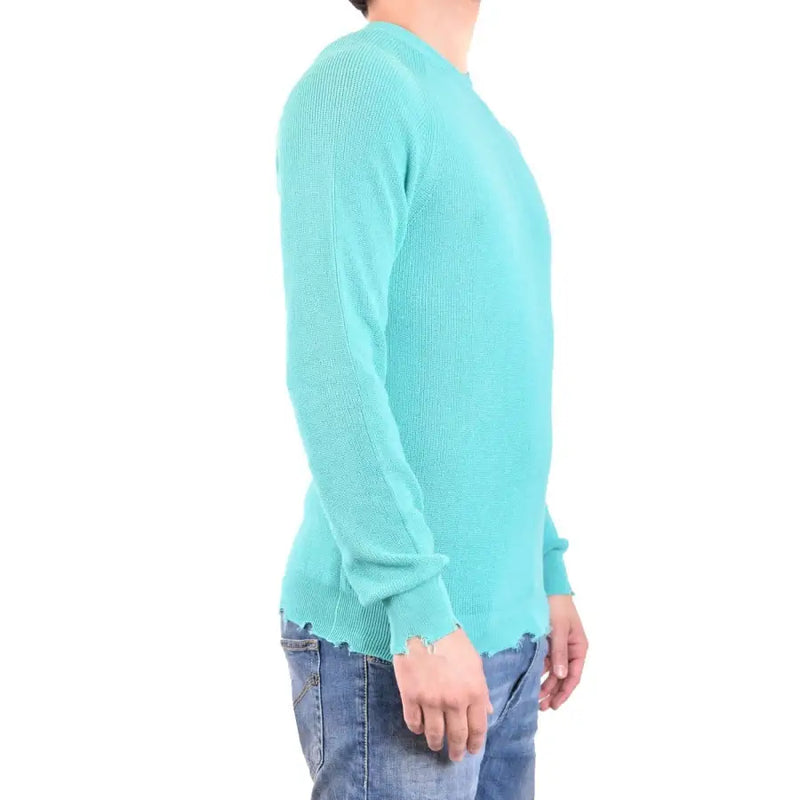 Laneus men knitwear green long round neck cotton sweater with teal ribbed knit and slightly distressed hem