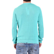 Laneus men knitwear green long round neck cotton teal ribbed knit sweater with crew neck and raglan sleeves